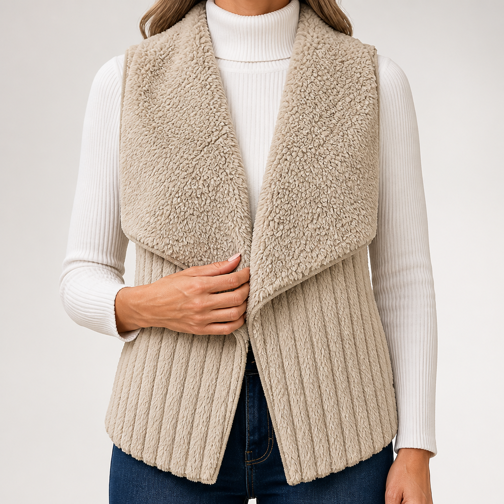 Augusta | Womens Fleece Sleeveless Waterfall Collar Vest Jacket, Khaki