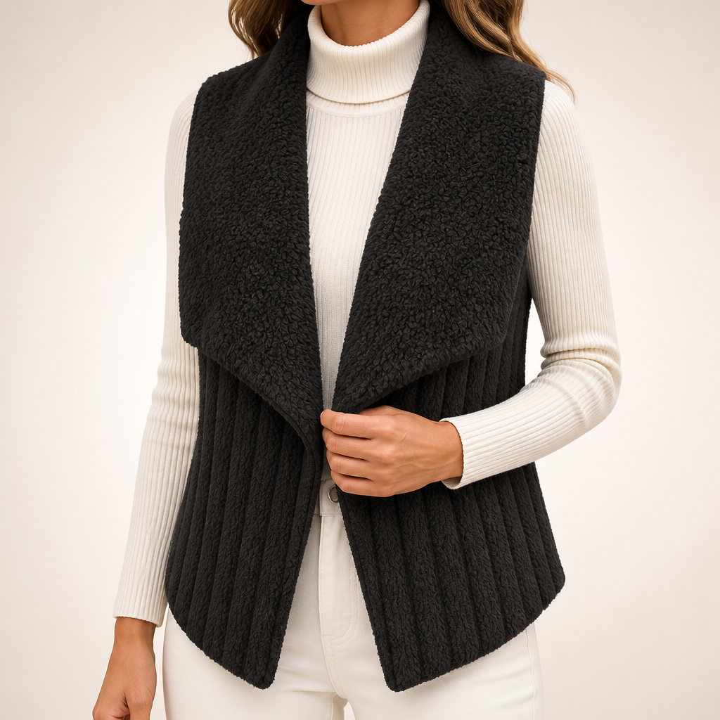 Augusta | Womens Fleece Sleeveless Waterfall Collar Vest Jacket, Black