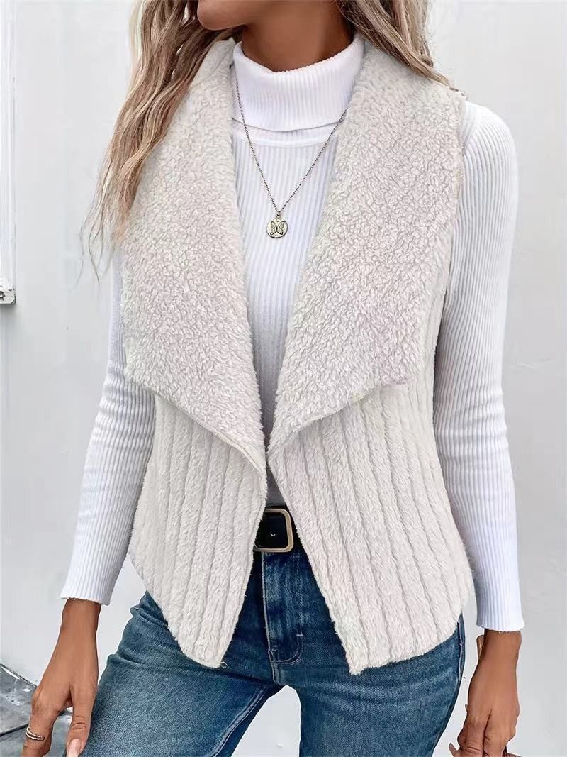 Augusta | Womens Fleece Sleeveless Waterfall Collar Vest Jacket, Off-White