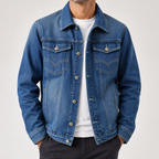 Augustus | Mens Fleece Lined Casual Denim Jean Jacket, Dark Blue 2