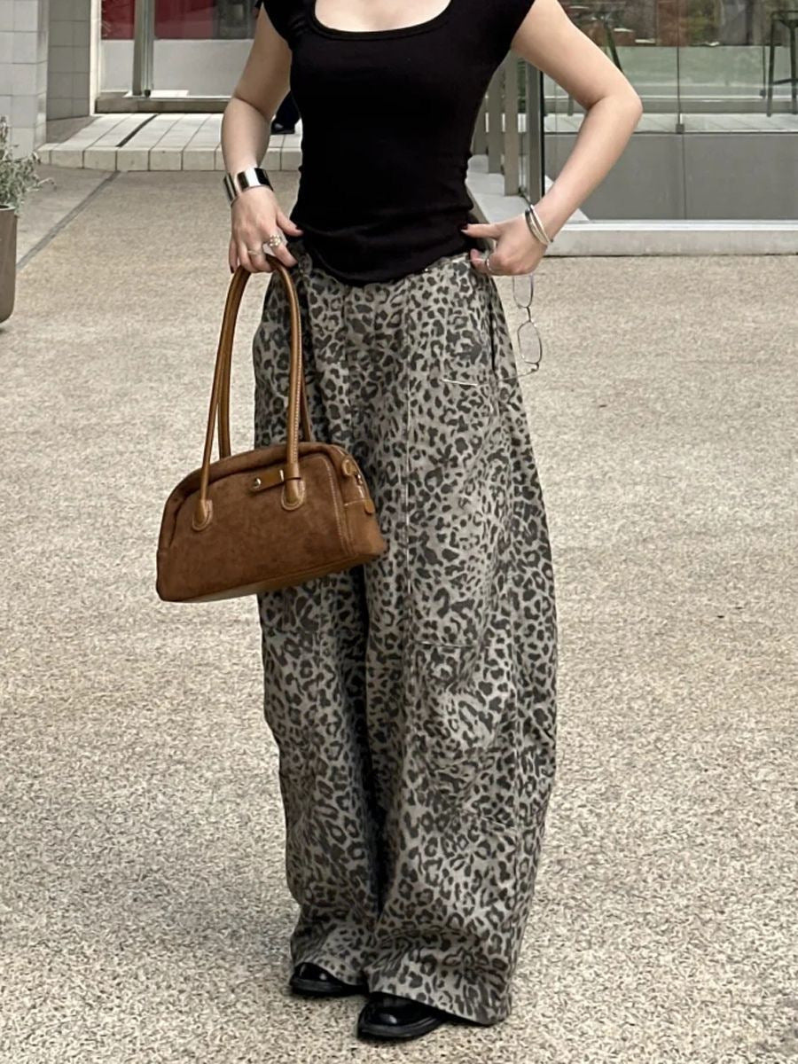 Aurora | Womens High Waisted Leopard Print Straight Wide Leg Denim Jeans