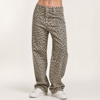 Aurora | Womens High Waisted Leopard Print Straight Wide Leg Denim Jeans, Khaki
