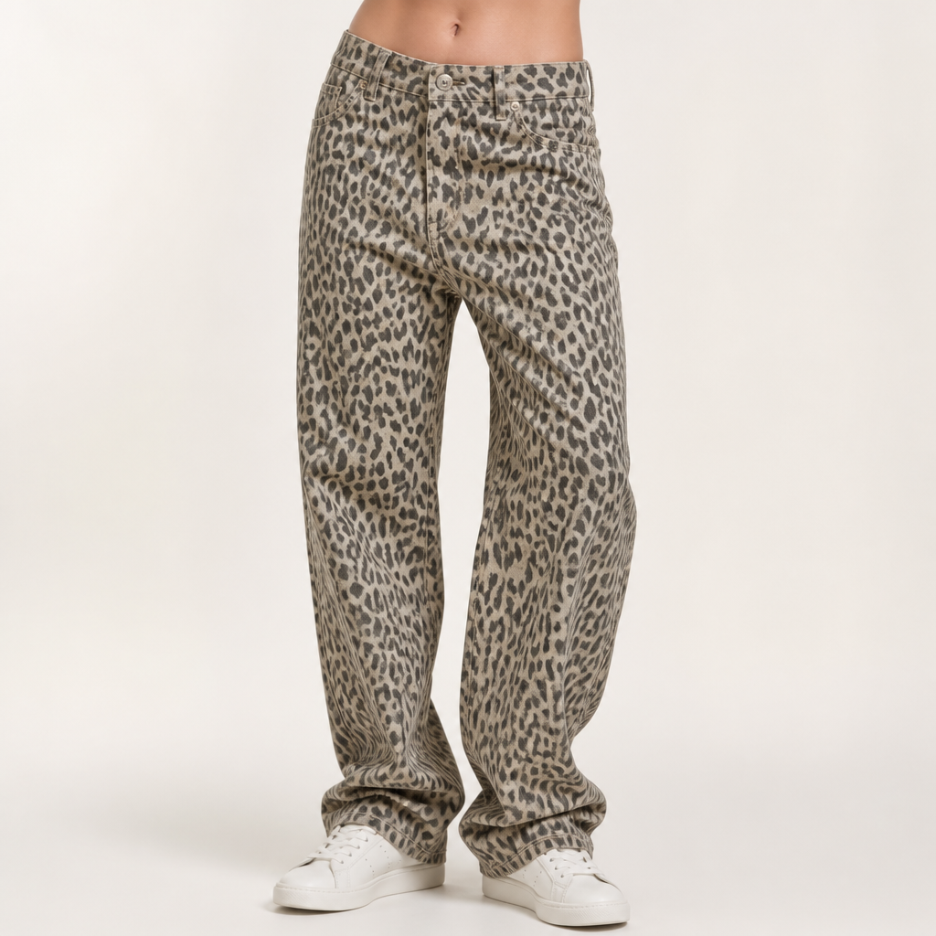 Aurora | Womens High Waisted Leopard Print Straight Wide Leg Denim Jeans, Khaki