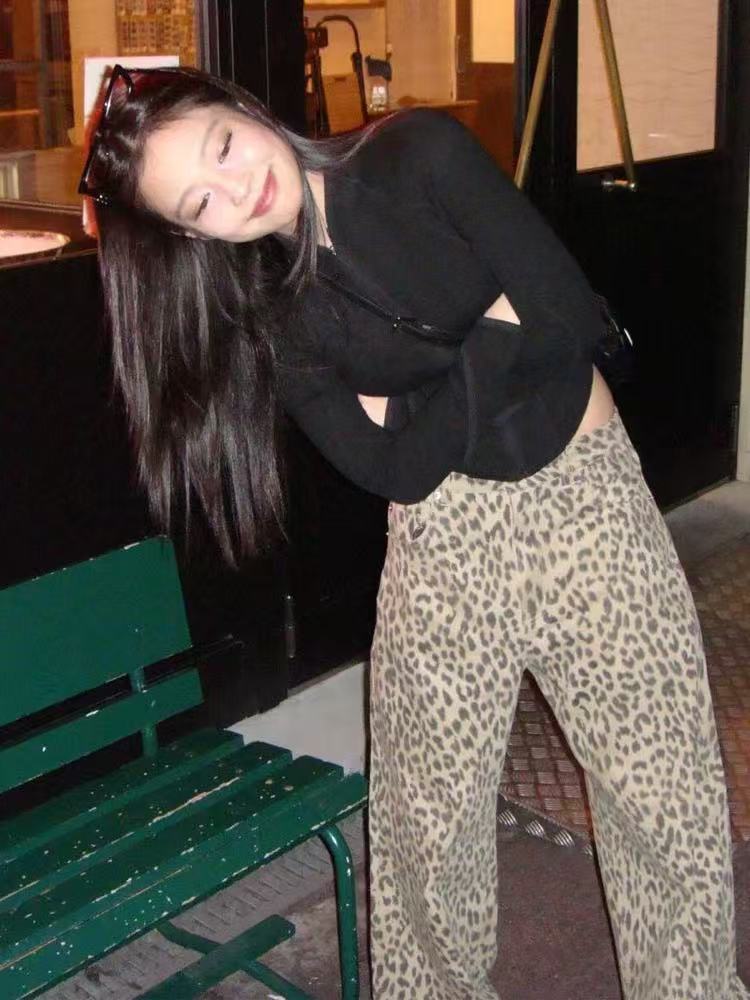 Aurora | Womens High Waisted Leopard Print Straight Wide Leg Denim Jeans