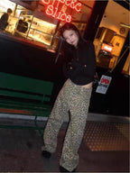 Aurora | Womens High Waisted Leopard Print Straight Wide Leg Denim Jeans