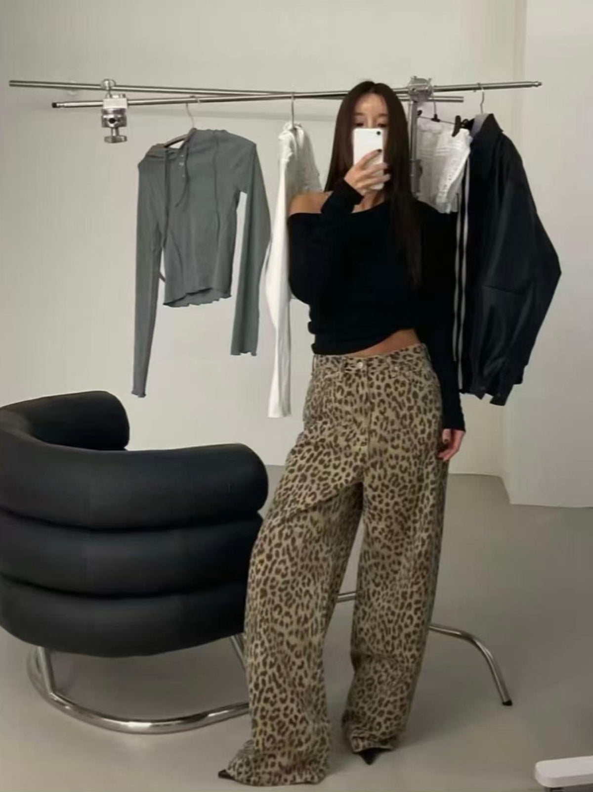 Aurora | Womens High Waisted Leopard Print Straight Wide Leg Denim Jeans