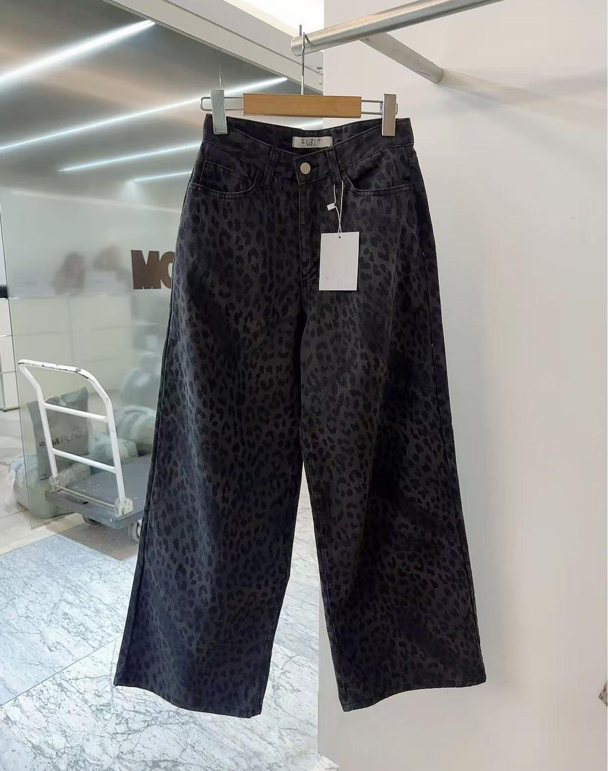 Aurora | Womens High Waisted Leopard Print Straight Wide Leg Denim Jeans