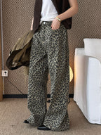 Aurora | Womens High Waisted Leopard Print Straight Wide Leg Denim Jeans