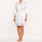 Barnaby | Womens Dressing Gown Satin Lace Robe Loungewear Nightwear, White