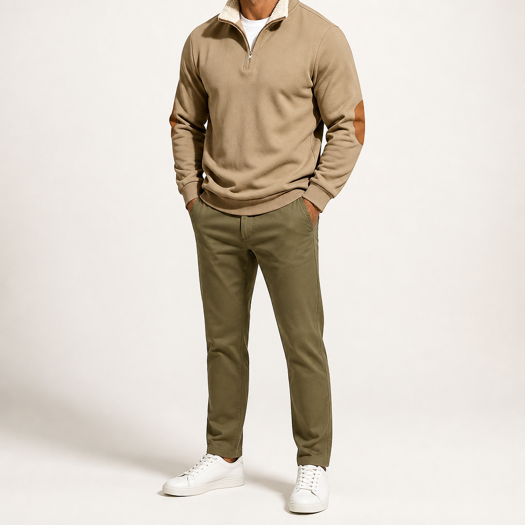 Barry | Mens Half Zip Fleece Sweatshirt Long Sleeve Pullover Top, tan