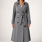 Beatrice | Womens Double Breasted Belted Black Longline Long Trench Coat, Grey