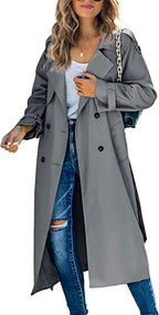 Beatrice | Womens Double Breasted Belted Long Trench Coat, Grey