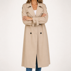 Beatrice | Womens Double Breasted Belted Black Longline Long Trench Coat, Khaki