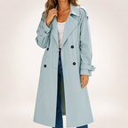 Beatrice | Womens Double Breasted Belted Black Longline Long Trench Coat, Light Green