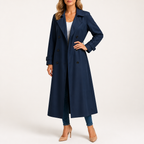 Beatrice | Womens Double Breasted Belted Black Longline Long Trench Coat, Navy Blue