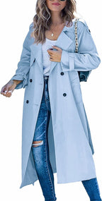 Beatrice | Womens Double Breasted Belted Long Trench Coat, Sky Blue