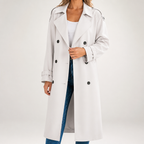Beatrice | Womens Double Breasted Belted Black Longline Long Trench Coat, White