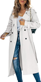 Beatrice | Womens Double Breasted Belted Long Trench Coat, White