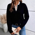 Beatrix | Womens Lace Trim V Neck Knitted Jumper Loose Long Sleeve - 4