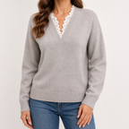 Beatrix | Womens Knitted Jumper V Neck Lace Trim Long Sleeve Sweater, Light Grey