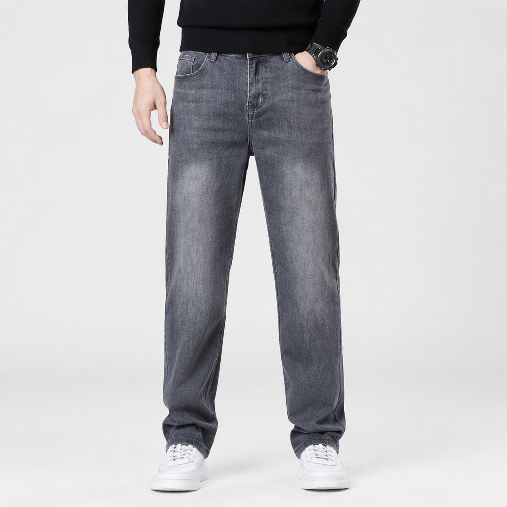 Ben | Mens Straight Leg Relaxed Loose Fit Stretch Washed Denim Jeans, Blue Grey
