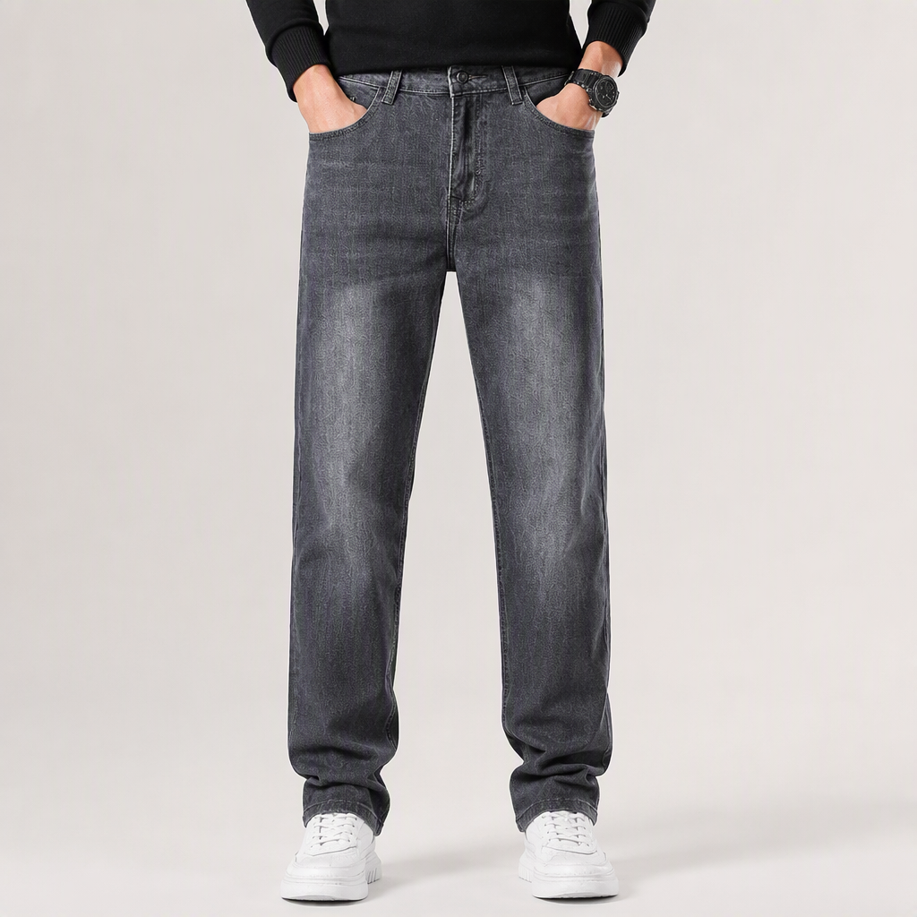 Ben | Mens Straight Leg Relaxed Loose Fit Stretch Washed Denim Jeans, Cement Grey