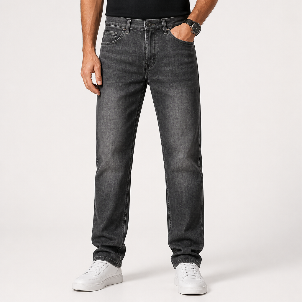 Ben | Mens Straight Leg Relaxed Loose Fit Stretch Washed Denim Jeans, Dark Grey