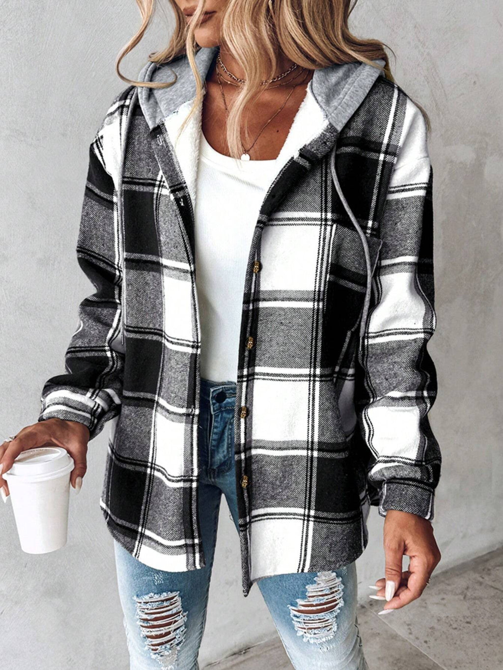 Bess | Womens Plaid Hooded Button Jacket - Black