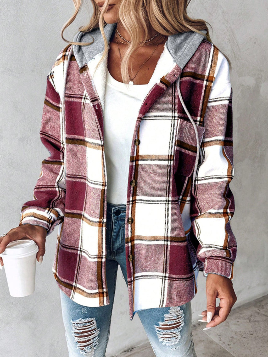 Bess | Womens Plaid Hooded Button Jacket - Dark Red