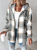 Bess | Womens Plaid Hooded Button Jacket - Grey