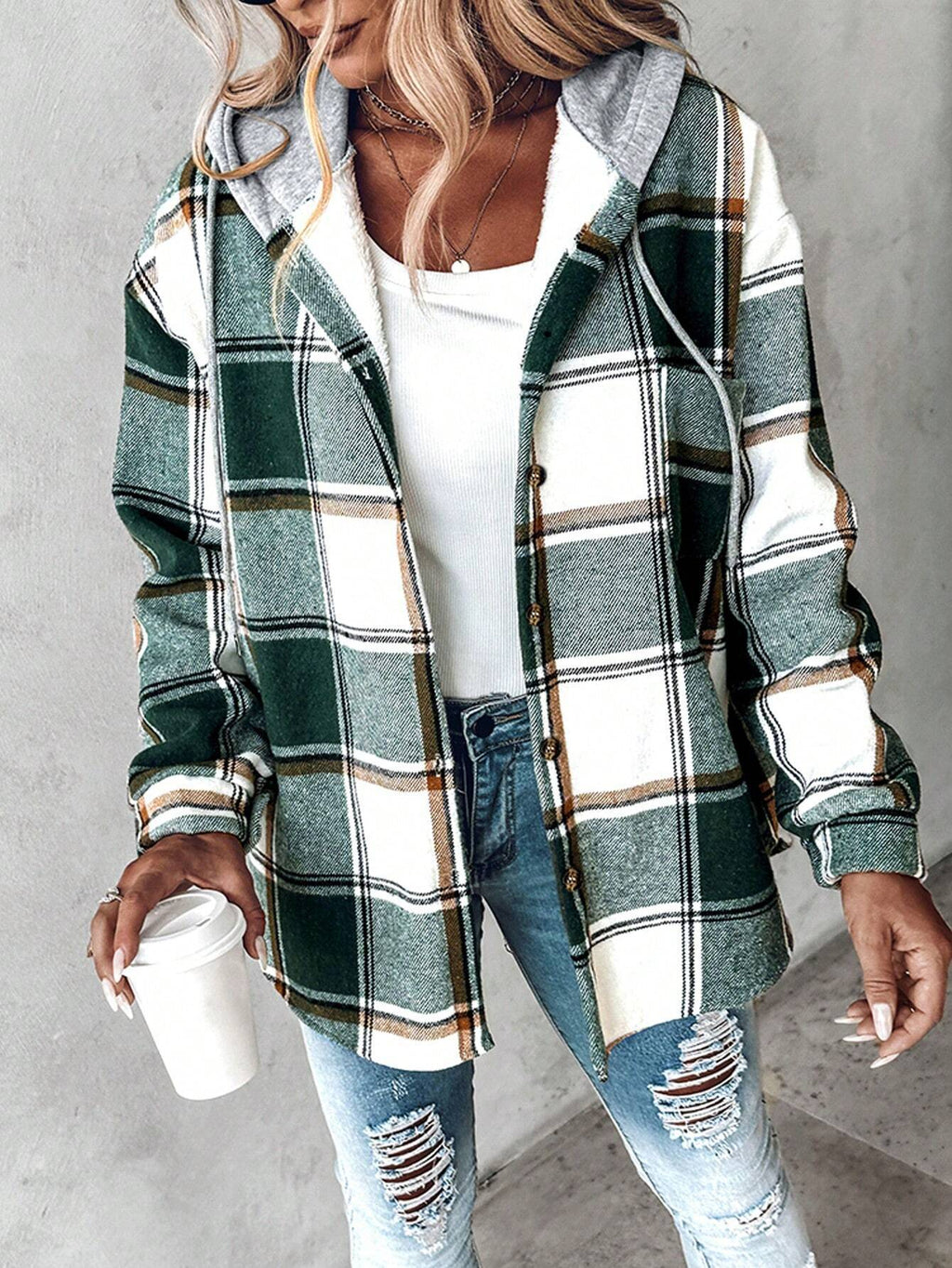 Bess | Womens Plaid Hooded Button Jacket - Olive Green
