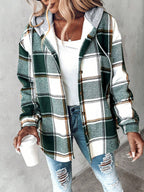 Bess | Womens Plaid Hooded Button Jacket - Olive Green