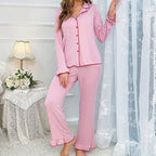 Betsy | Womens Ruffle Trim Long Sleeve Loungewear Pajama Set