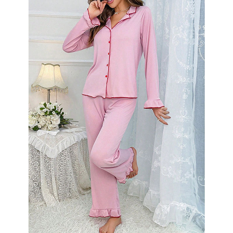 Betsy | Womens Ruffle Trim Long Sleeve Loungewear Pajama Set