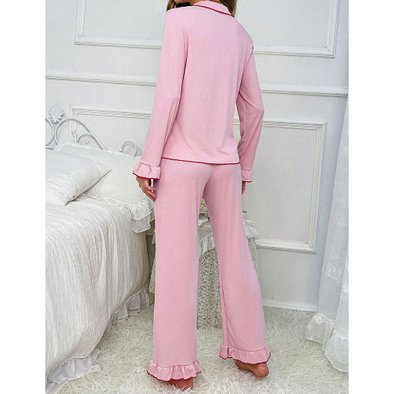 Betsy | Womens Ruffle Trim Long Sleeve Loungewear Pajama Set