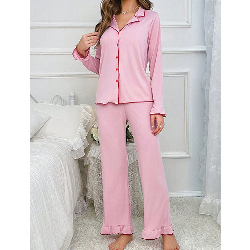 Betsy | Womens Ruffle Trim Long Sleeve Loungewear Pajama Set