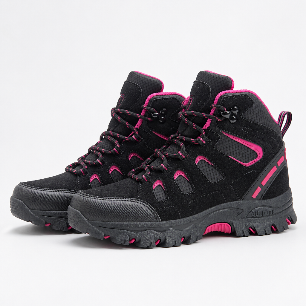 Billie | Womens Water Resistant Breathable High Top Walking Hiking Boots, Black Rose Red