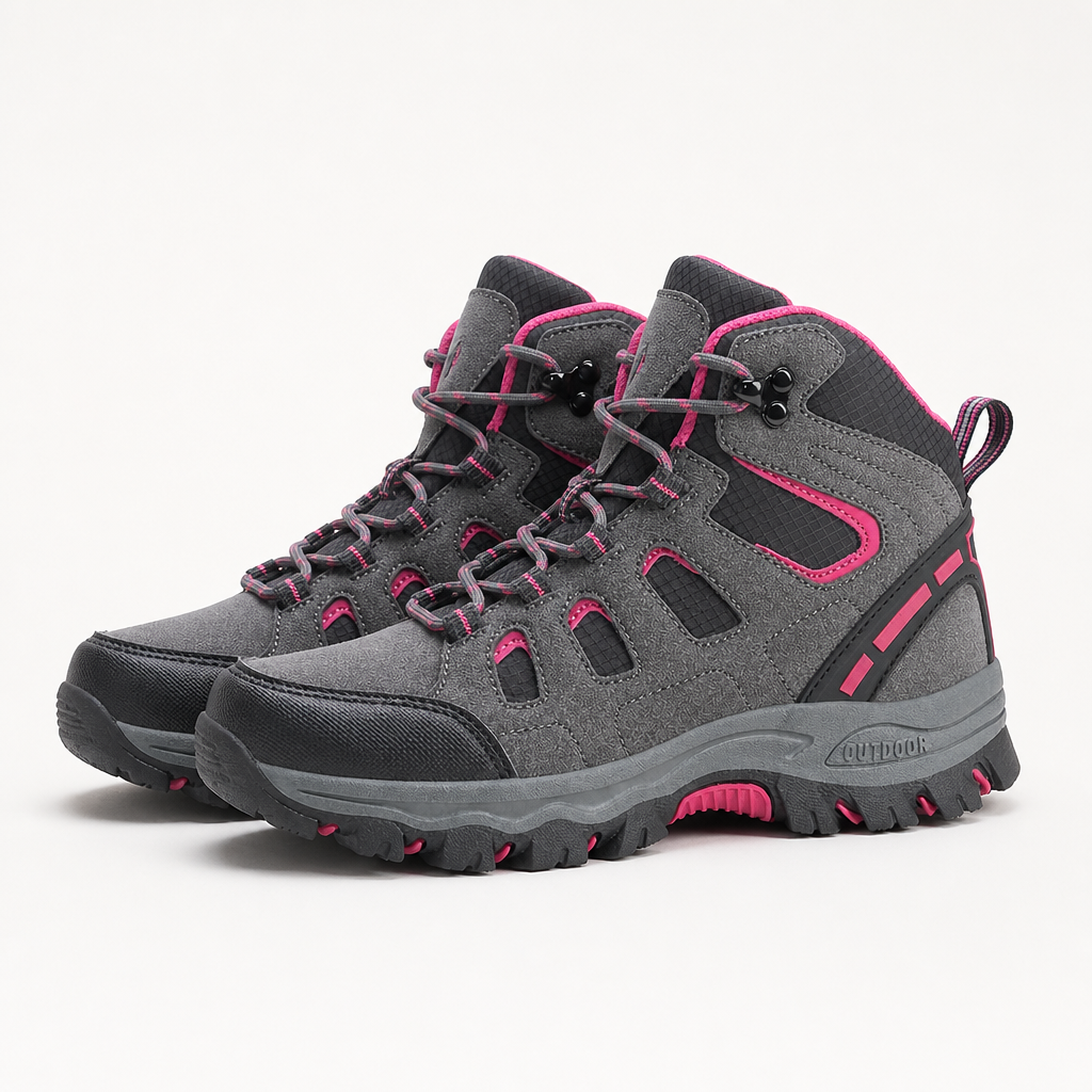 Billie | Womens Water Resistant Breathable High Top Walking Hiking Boots, Grey Rose Red