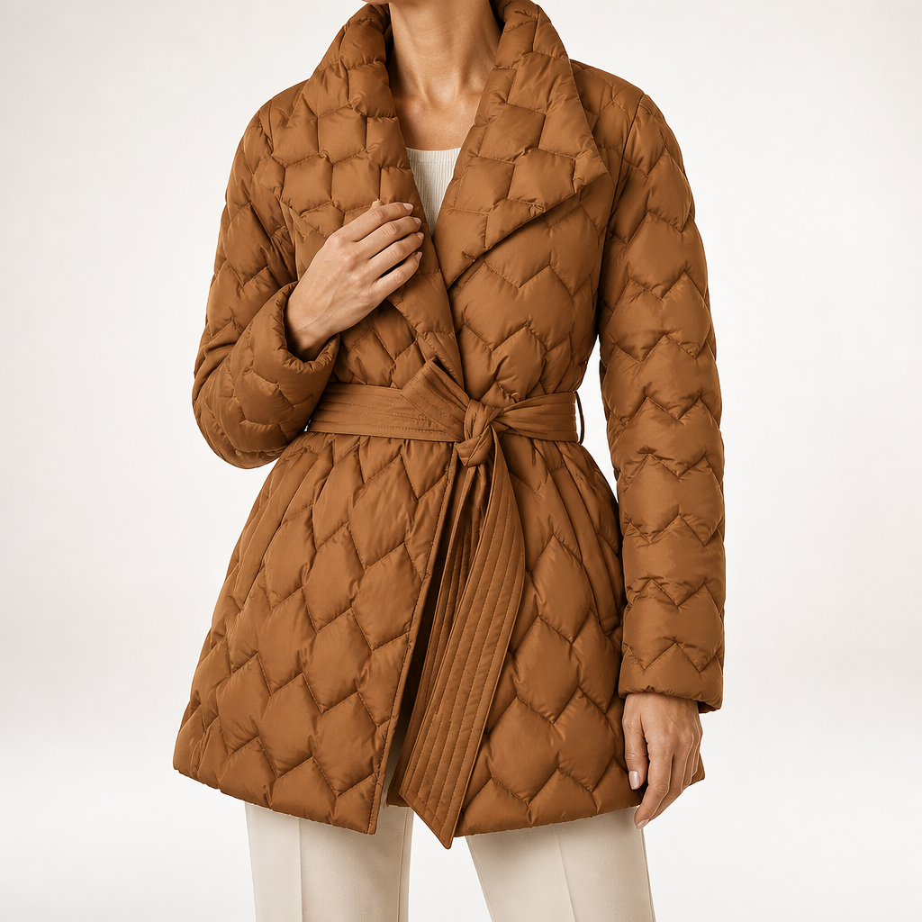 Blanche | Womens Waist Cinching Padded Cotton Puffer Winter Coat, Caramel
