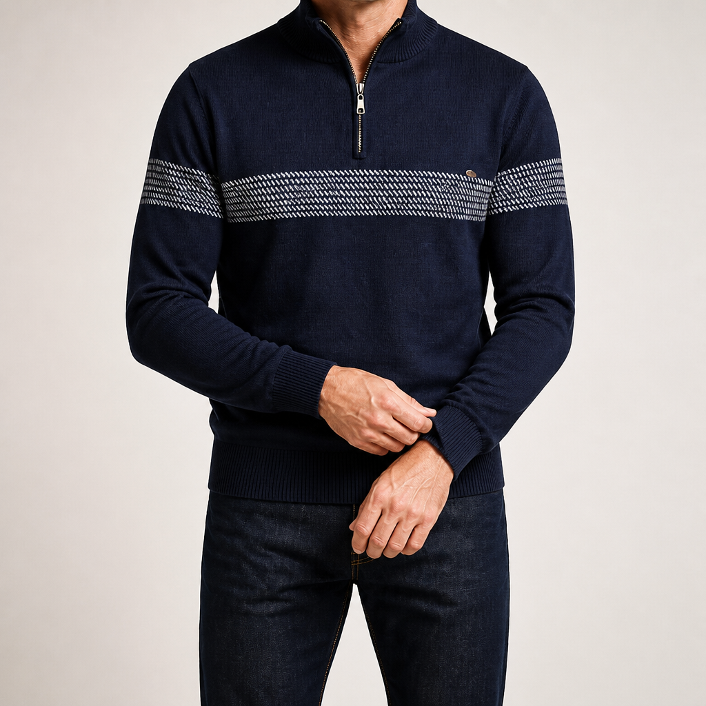 Bowen | Mens Half Zip Sweater Cotton Stand Collar Casual Pullover, Navy