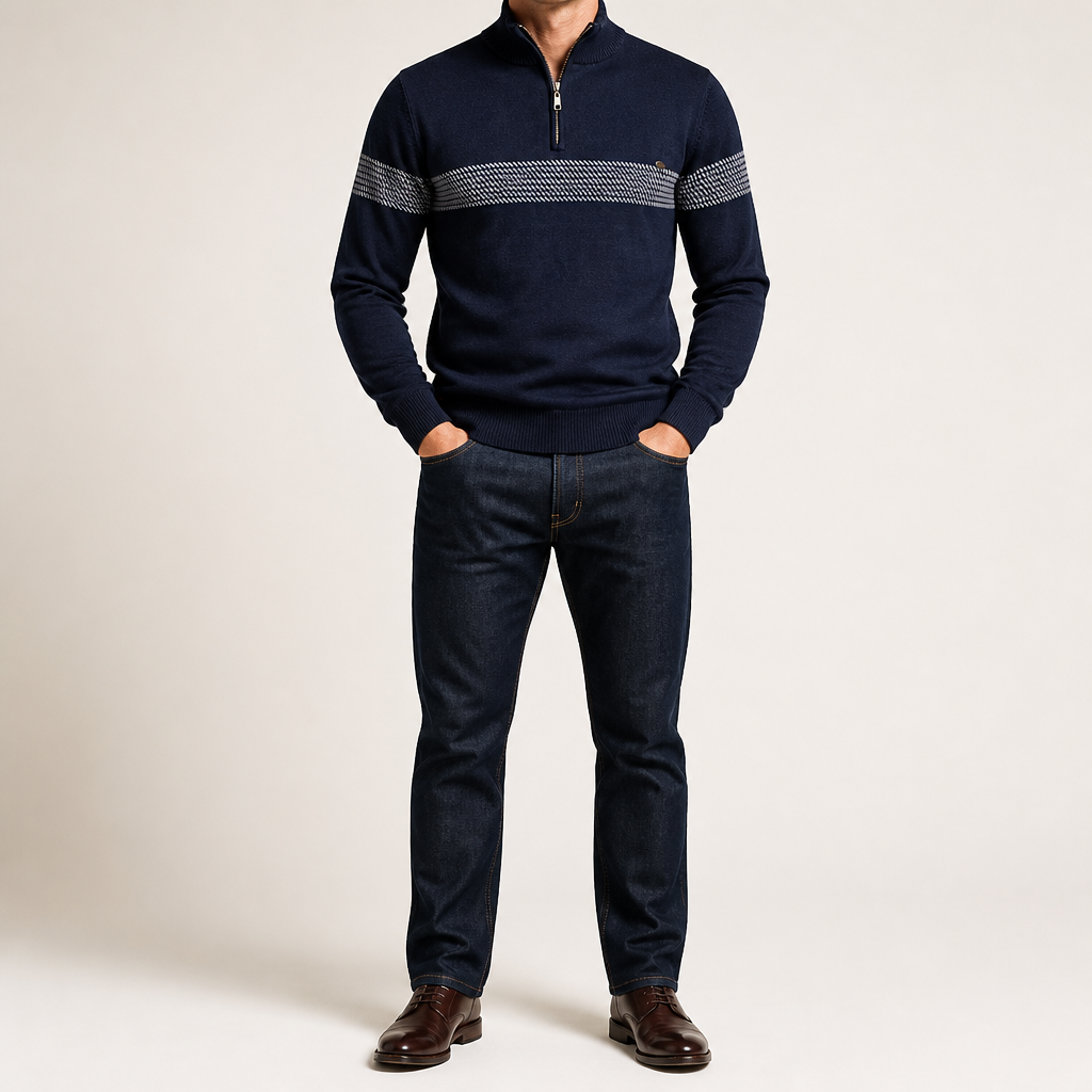 Bowen | Mens Half Zip Sweater Cotton Stand Collar Casual Pullover, Navy