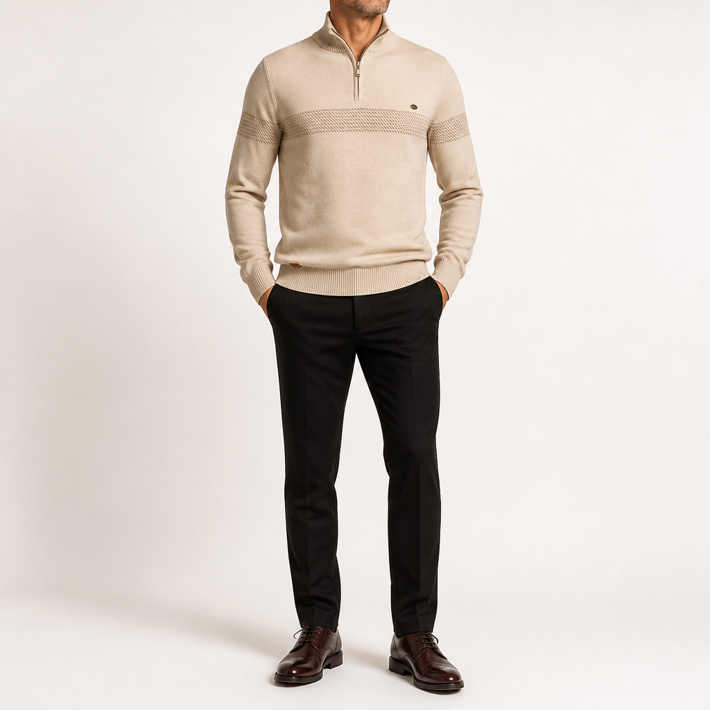 Bowen | Mens Half Zip Sweater Cotton Stand Collar Casual Pullover, Apricot