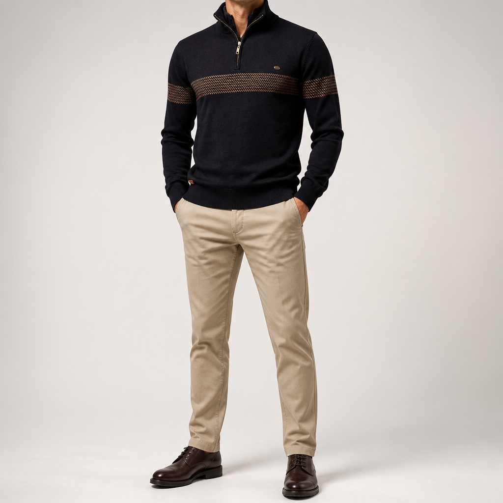 Bowen | Mens Half Zip Sweater Cotton Stand Collar Casual Pullover, Black