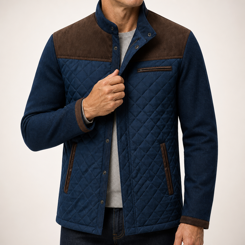 Brad | Mens Quilted Corduroy Stand Collar Snap Button Fall Jacket, Brown