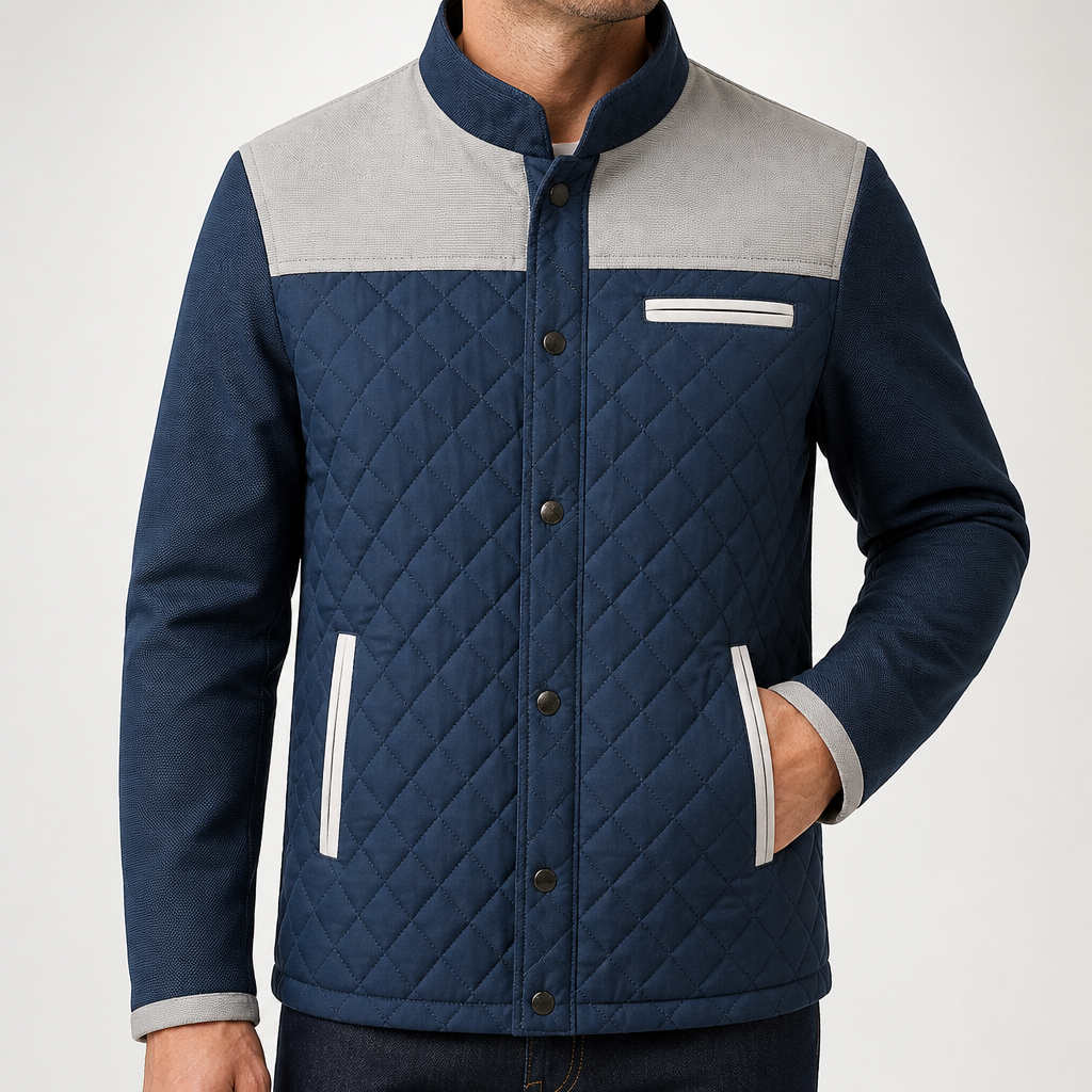Brad | Mens Quilted Corduroy Stand Collar Snap Button Fall Jacket, White Grey