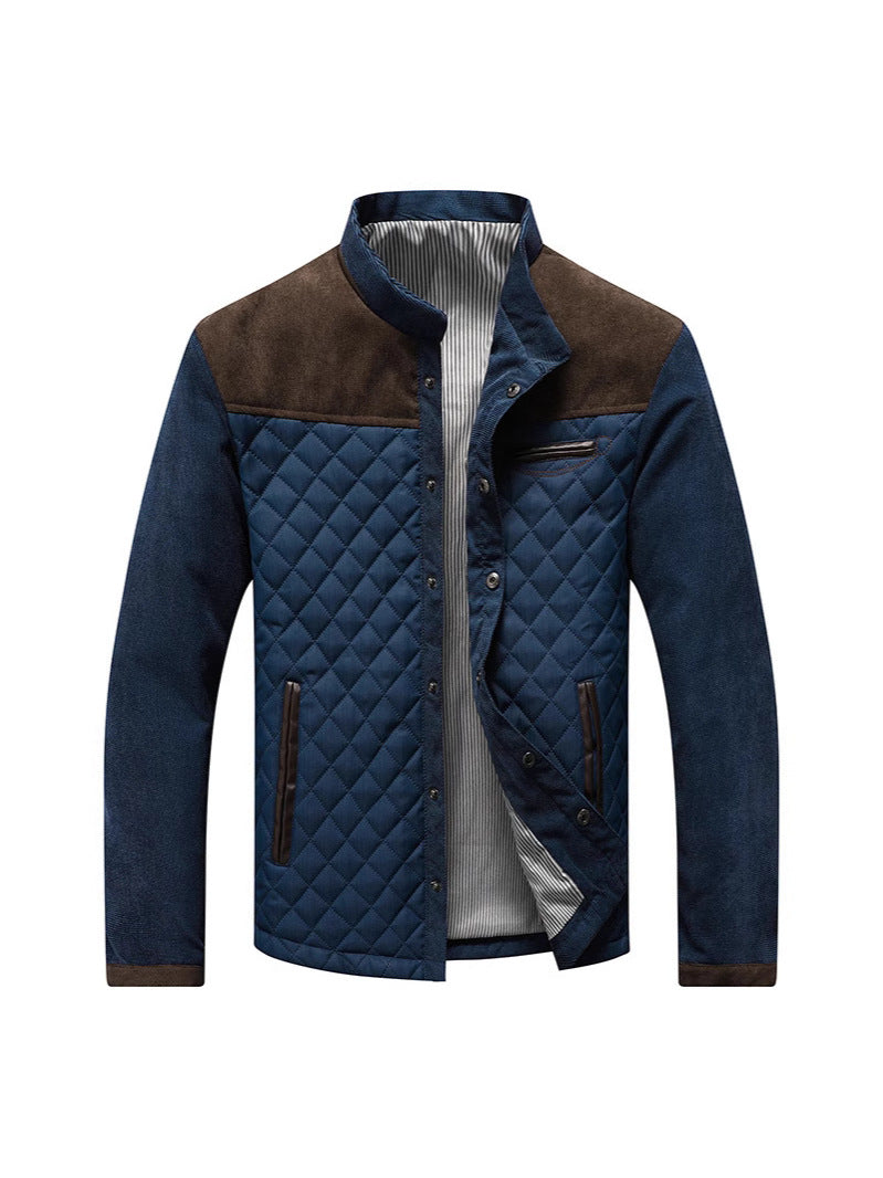 Brad | Mens Quilted Corduroy Stand Collar Snap Button Fall Jacket, Brown