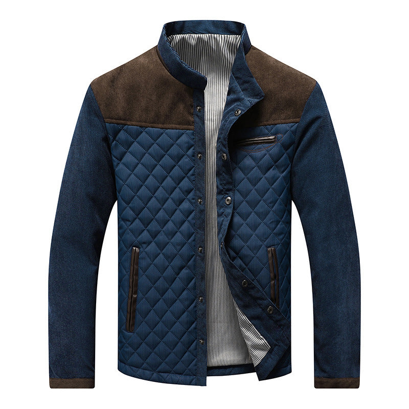 Brad | Mens Quilted Corduroy Stand Collar Snap Button Fall Jacket, Brown