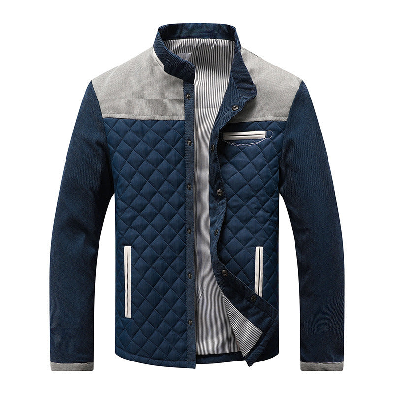 Brad | Mens Quilted Corduroy Stand Collar Snap Button Fall Jacket, White Grey