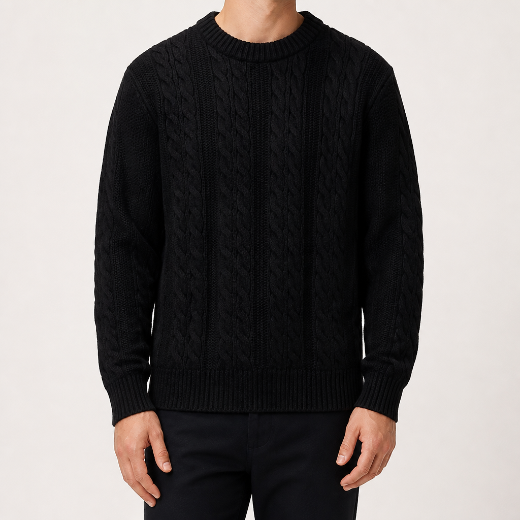 Brady | Mens Cable Knit Sweater Round Neck Loose Pullover, Black