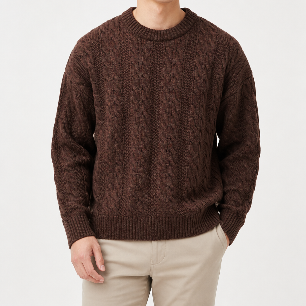 Brady | Mens Cable Knit Sweater Round Neck Loose Pullover, Brown